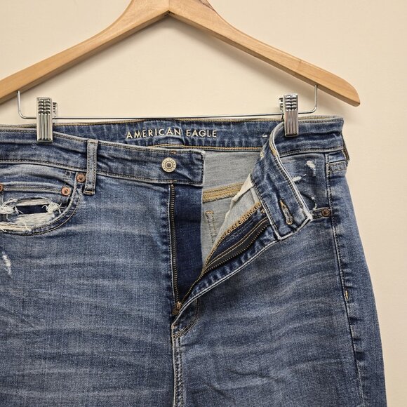 AMERICAN EAGLE Super Hi-Rise Flare Jeans Womens Size 14 Blue Denim Raw Edge - Picture 4 of 10